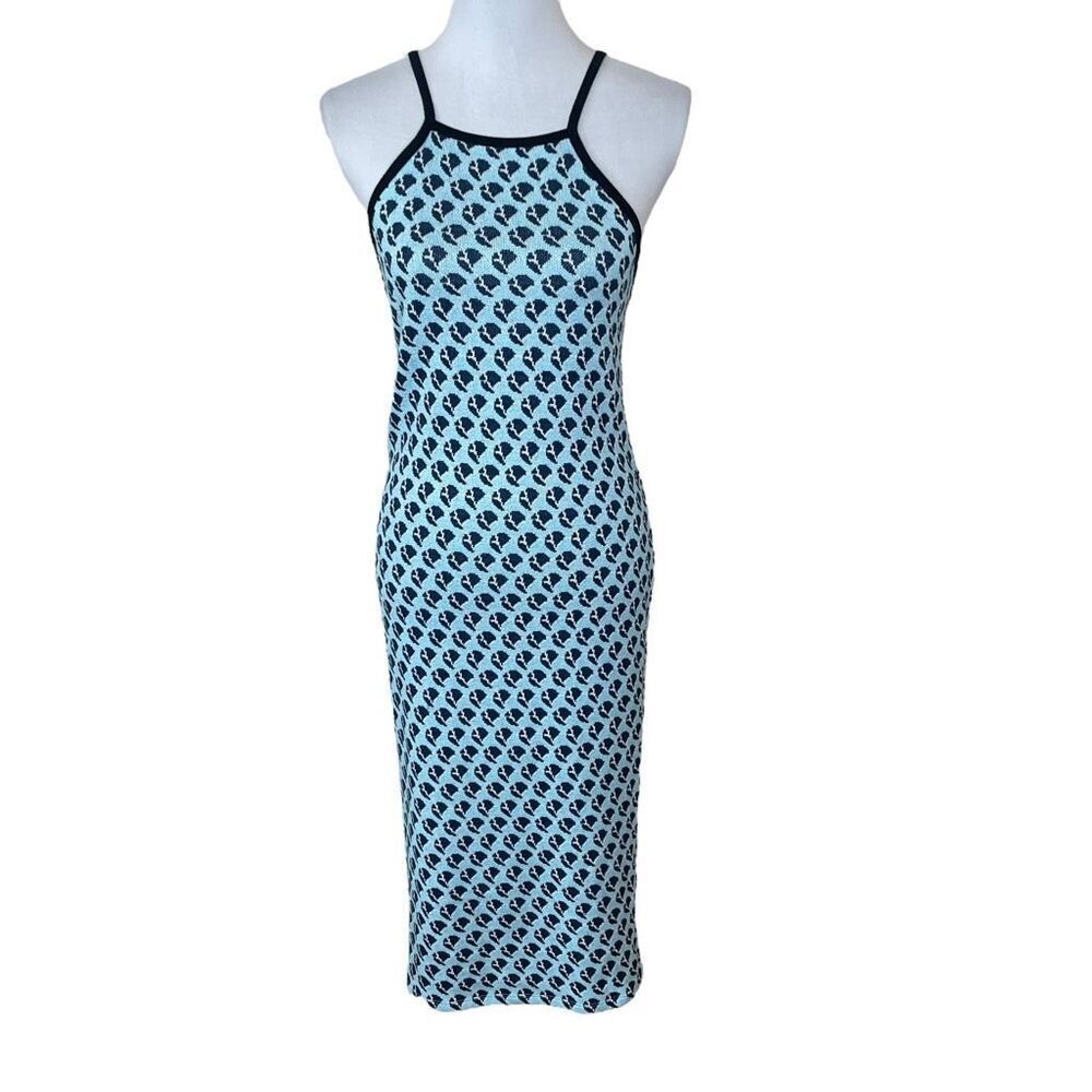 Zara Jacquard Knit Fitted Midi Dress Blue Pattern size Medium Large